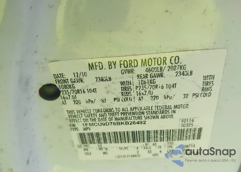 2011 Ford Escape Xlt z USA, uszkodzony, nr VIN 1FMCU9D76BKB26492